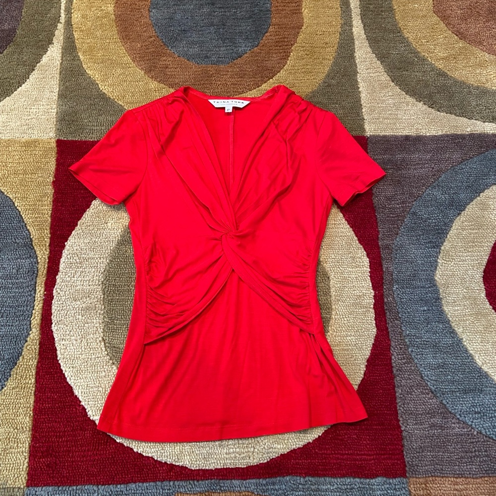 NWOT Trina Turk Los Angeles y2k Vintage Red V Neck Blouse Top Petite / Small